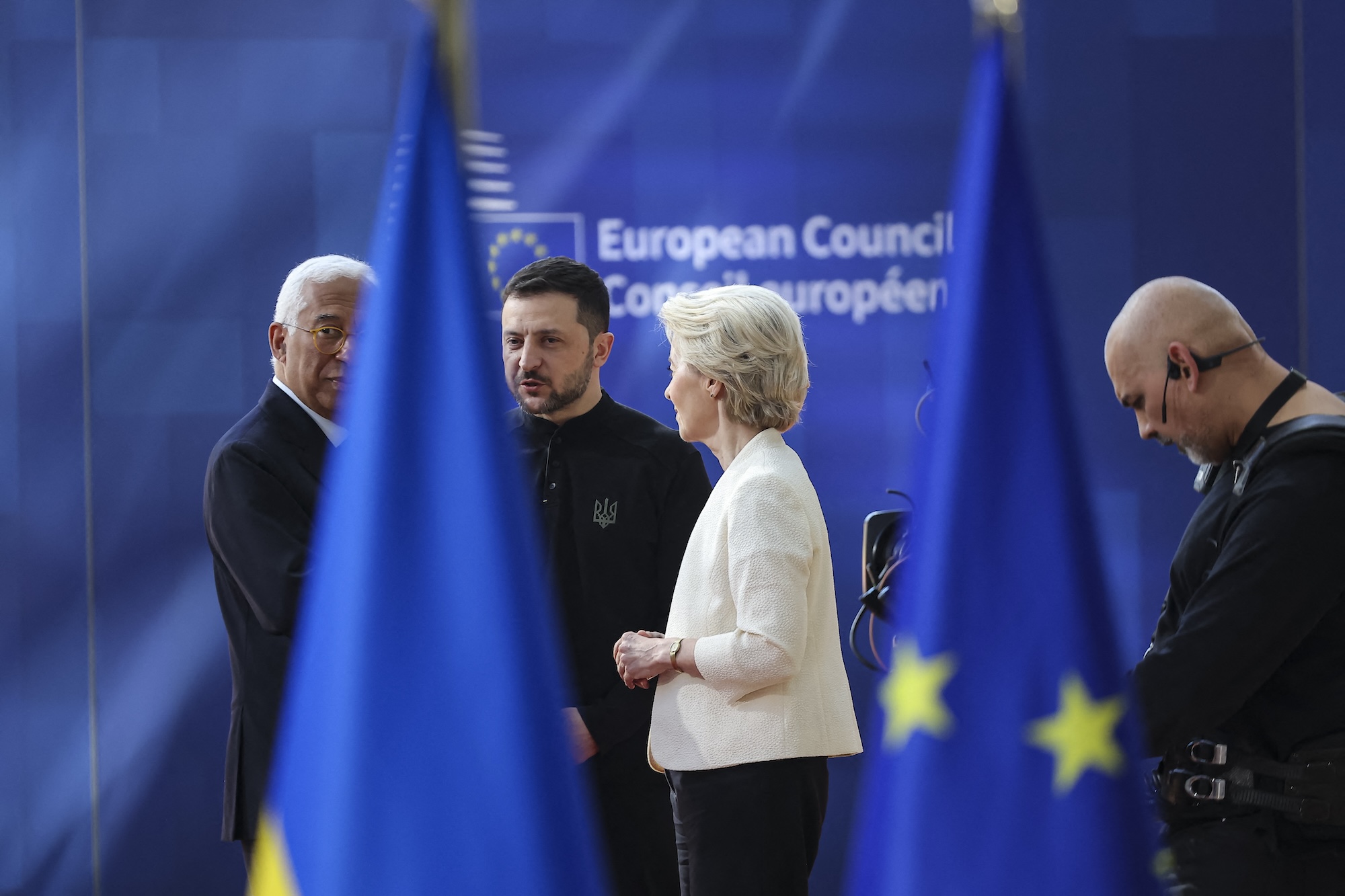 President of Ukraine Volodymyr Zelensky alongside European Commission President Ursula von der Leyen and the President of the European Council Antonio Costa