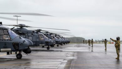 A formation of 7 NH90s flies over the Manawatu region as 3 Squadron demonstrates their maintenance and aircrew capability