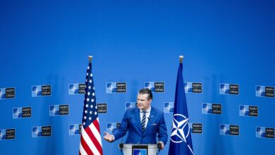 BRUSSELS - Pete Hegseth, U.S. Secretary of Defense, gives a press conference at NATO headquarters following a meeting of the defense ministers of the 32 NATO countries. At the so-called Defense Ministerial, they will discuss, among other things, preparations for the NATO summit in June in The Hague. ANP REMKO DE WAAL netherlands out - belgium out (Photo by REMKO DE WAAL / ANP MAG / ANP via AFP)
