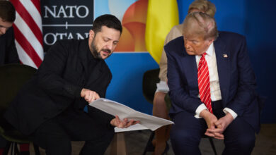 Ukrainian President Volodymyr Zelensky and US President Donald Trump meeting at NATO's summit in The Hague.
