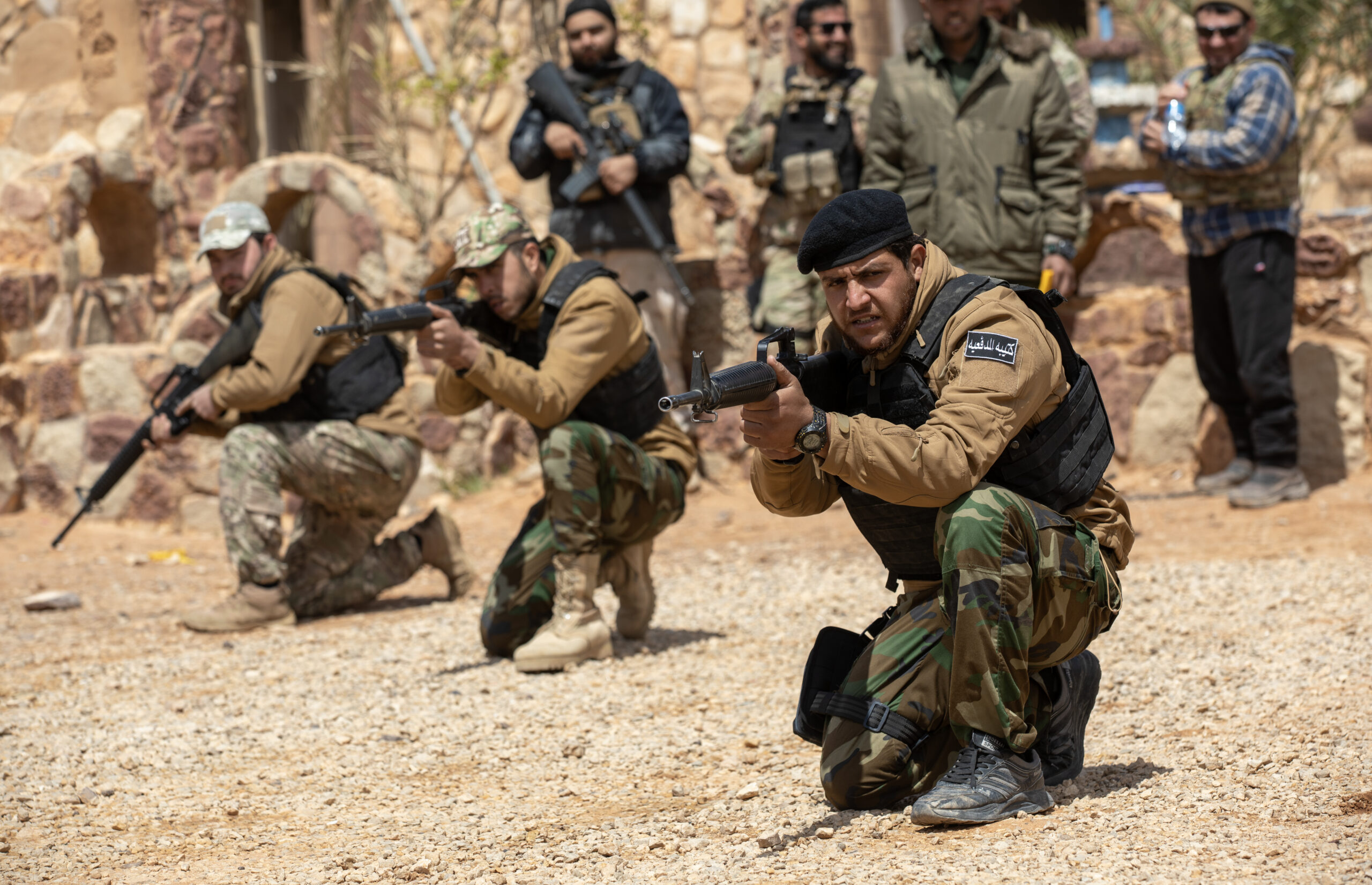 Syrian partner soldiers practice squad-level movement tactics in Syria, April 15, 2025. The training focused on individual and squad-level tactics to improve coordination, strengthen interoperability and build partner capacity in complex operational environments. This effort is part of the Coalition’s ongoing commitment to empowering Syrian partner forces to maintain regional stability and counter shared security threats. (U.S. Army photo by Staff Sgt. Fred Brown)