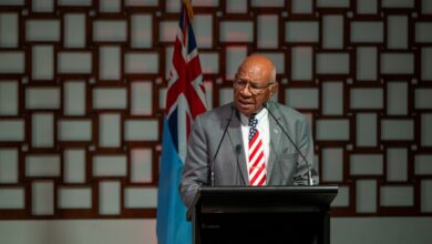 Secretary of Defense Lloyd J. Austin III and Fiji Prime Minister Sitiveni Ligamamada Rabuka hold a joint press briefing in Fiji, Nov. 23, 2024.