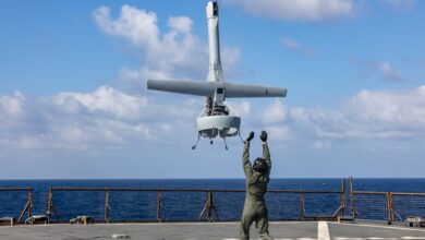 A V-BAT unmanned aerial system launches aboard Harpers Ferry-class dock landing ship USS Carter Hall (LSD-50), Feb. 9, 2024. The V-BAT provides the 26th Marine Expeditionary Unit (Special Operations Capable (MEU(SOC)) the capability to increase maritime awareness through utilization of intelligence, surveillance, and reconnaissance sensors. The Bataan Amphibious Ready Group, with the embarked 26th MEU(SOC) is on a scheduled deployment in the U.S. Naval Forces Europe area of operations, employed by U.S. Sixth Fleet to defend U.S., Allied and partner interests. (U.S. Marine Corps photo by Cpl. Rafael Brambila-Pelayo)