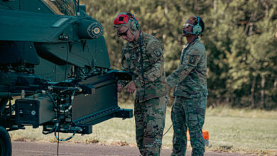 US Army Soldiers of the 12th Combat Aviation Brigade prepare to test fire a Spike non-line of site (NLOS) missile from an AH-64 Apache helicopter. Photo: Lt. Col. Cain Claxton/US Army