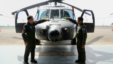 LtGen Cordura and MGen Ramil G Oloroso PAF, Commander, Air Mobility Command, lead the ceremonial pouring of champagne at the five newly acquired S-70i Black Hawk helicopters on August 13, 2025 at Clark Air Base, Mabalacat City, Pampanga.