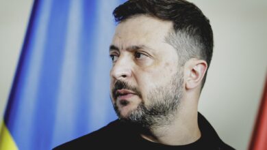 Volodymyr Zelensky, President of Ukraine, pictured at a press conference