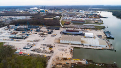 Aerial view of a shipyard