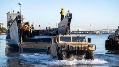 A U.S. Marine Corps Humvee assigned to Combat Logistics Battalion 13 disembarks from a landing craft, utility, assigned to Assault Craft Unit 1, in San Francisco during San Francisco Fleet Week Oct. 8, 2024. San Francisco Fleet Week, now in its 43rd iteration, is a time-honored sea service celebration that allows citizens of the Bay Area to witness today’s maritime capabilities firsthand. Nearly 2,500 Sailors, Marines, and Coast Guardsmen will showcase their capabilities and equipment, participate in various community service events, and enjoy the hospitality of the Bay Area during the event. (U.S. Navy photo by Mass Communication Specialist 2nd Class Evan Diaz)