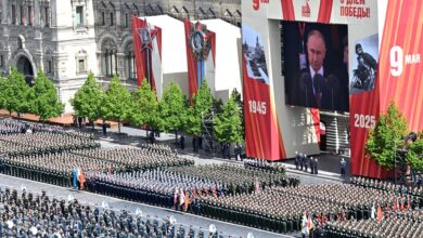 Soldiers, formation, parade, military parade of the Russian Army on Red Square in Moscow on May 9, 2025. Military parade to mark the 80th anniversary of Victory in the Great Patriotic War. Russia's parade to mark the 80th anniversary of the victory over Nazi Germany. Photo: The Kremlin Moscow via (Photo by The Kremlin Moscow / The Kremlin Moscow / dpa Picture-Alliance via AFP)