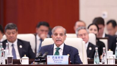 Pakistani Prime Minister Shehbaz Sharif attending a summit in China with other politicians in the background