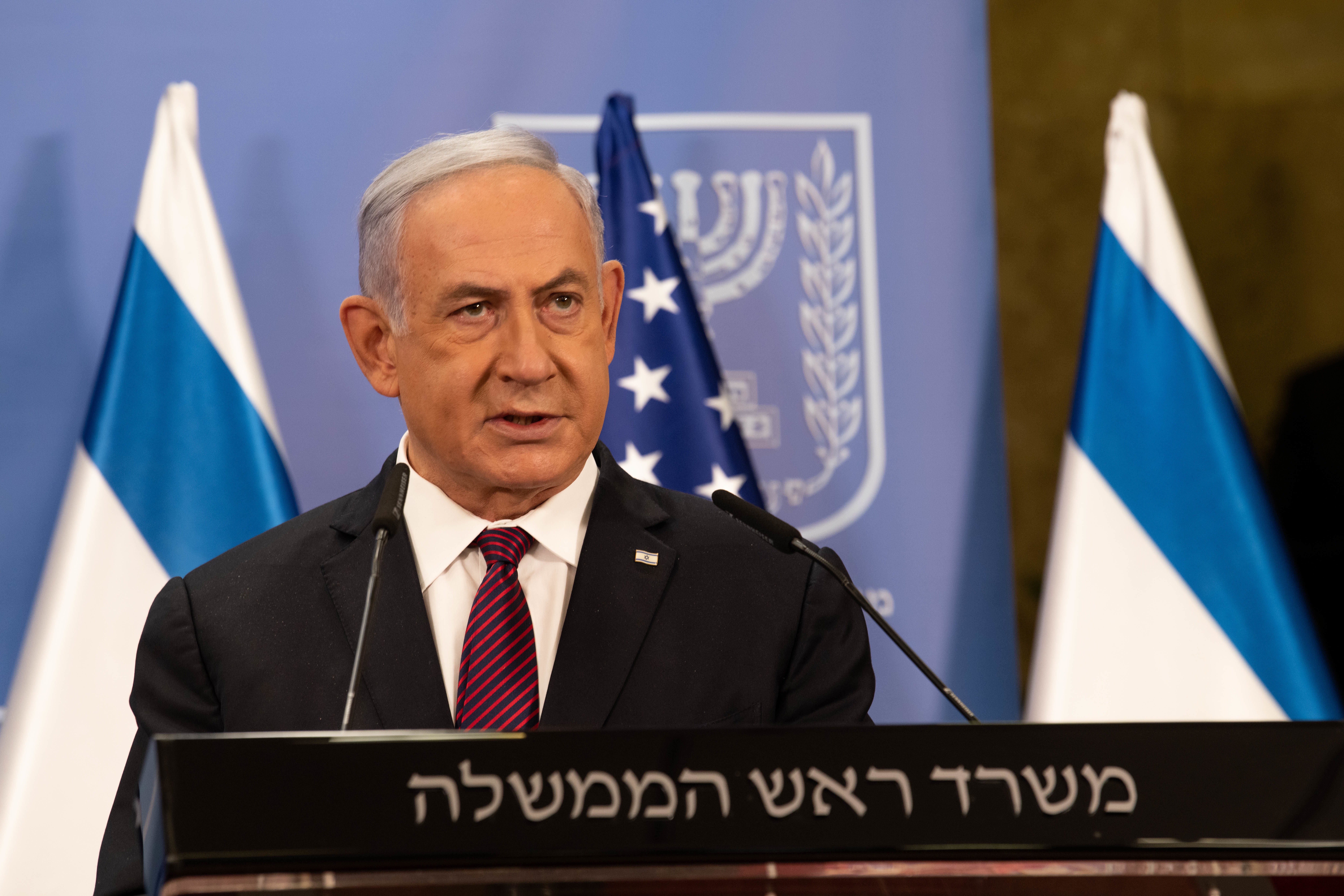 Israeli Prime Minister Benjamin Netanyahu speaks to press during a joint press conference with Secretary of Defense Lloyd J. Austin III, Israel, April 12, 2021. (DoD Photo by U.S. Air Force Staff Sgt. Jack Sanders)