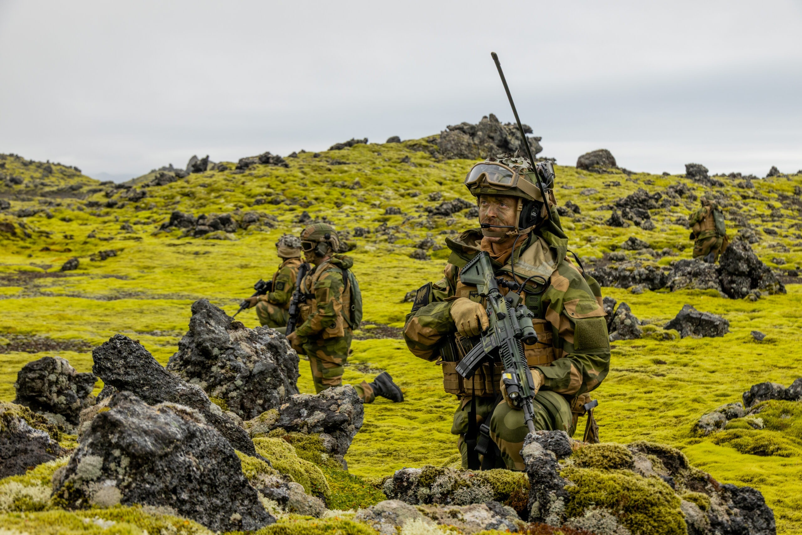 Norwegian soldiers conduct training during an exercise with Light Tactical Vehicles during an exercise at an undisclosed location within the European Theater, on Sept. 2, 2025. The Norwegian-led arctic operation was a first-of-its-kind mission to conduct rapid insertion of military assets to remote and austere location. The operation focused on NATO sea denial and maritime domain awareness capabilities and helps set conditions to quickly respond and defeat any crisis or threat to NATO allies. (U.S. Marine Corps photo by Sgt. Addysyn Tobar)