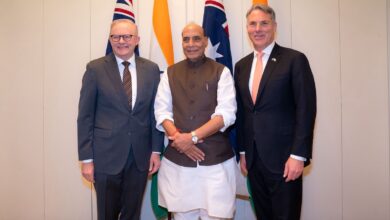 From L: Australian PM Anthony Albanese, Indian Defense Minister Rajnath Singh, and Australian Deputy PM and Defense Minister Richard Marles.