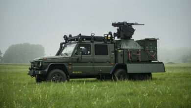Saab's Loke concept, a green TGB15 truck with a Trackfire remote weapon station mounted on the back
