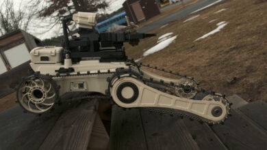 Staff Sgt. John Tourtellotte, the 104th Civil Engineering Squadron explosive ordnance disposal equipment NCO in charge, operates a Roboteam Micro Tactical Ground Robot Feb. 16, 2018, at 104th Fighter Wing in Westfield, Mass. The MTGR can be carried in a backpack and is a safer way for Airmen to examine possible threats.
