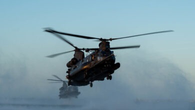Two 160th Special Operations Aviation Regiment MH-47G Chinook helicopters hoover above Banana River, Florida, Feb. 15, 2023, during combat search and rescue training. The 160th SOAR's mission is to organize, equip, train, resource and employ Army special operations aviation forces worldwide in support of contingency missions and combatant commanders. (Staff Sgt. Darius Sostre-Miroir)