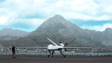 A U.S. Marine Corps MQ-9A with Marine Unmanned Aerial Vehicle Squadron (VMU) 3, Marine Aircraft Group 24, 1st Marine Aircraft Wing, launches on Marine Corps Air Station Kaneohe Bay, June 21, 2023. VMU-3 safely and successfully launched its first MQ-9A remotely piloted aircraft to meet the Naval Air Systems Command Safety Certification process. The Safe-For-Flight Operations Certification (SFFOC) is the final, crucial milestone in VMU-3’s transition from the RQ-21A to the MQ-9A. (U.S. Marine Corps photo by Cpl. Christian Tofteroo).