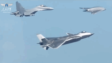 GJ-11 uncrewed combat aerial vehicle flying in formation with the J-20 and J-16D aircraft.
