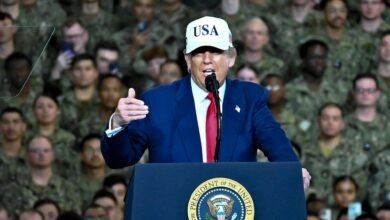 US President Donald Trump speaks to members of the US military and the Japanese Self-Defense Force