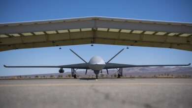 A General Atomics MQ-20 Avenger unmanned vehicle prepares to start up at El Mirage Airfield, Calif. June 24, 2021. The Skyborg team conducted a multiple-hour flight test of the Skyborg Autonomy Core System aboard the General Atomics MQ-20 Avenger unmanned vehicle during Edwards Air Force Base’s Orange Flag 21-2. (U.S. Air Force photo by Staff Sgt. Tabatha Arellano)