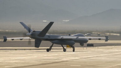 MQ-9 Reaper remotely piloted aircraft taxis towards the runway