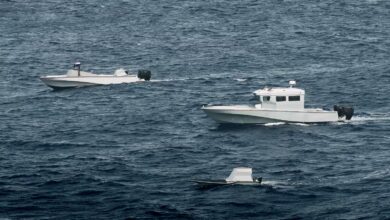 An uncrewed surface vessel operating autonomously at sea, showcasing HavocAI technology designed for coordinated maritime operations and AI-driven naval autonomy