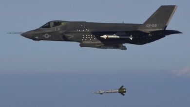 The F-35C Lightning II Joint Strike Fighter performs the first F-35C weapon separation by releasing the 500-pound inert Guided Bomb Unit (GBU) 12 over an Atlantic test range