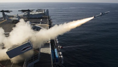 Live fire exercise of the RIM-7 NATO Sea Sparrow Missile aboard Wasp-class amphibious assault ship USS Essex
