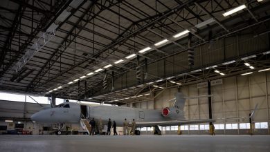 A US Air Force EA-37B Compass Call aircraft parked at Ramstein Air Base, Germany, as part of its first stop in the European theater for a scheduled road show