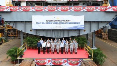 ST Engineering and Republic of Singapore Navy's representatives at the keel-laying ceremony of the second Victory-class Multi-Role Combat Vessel