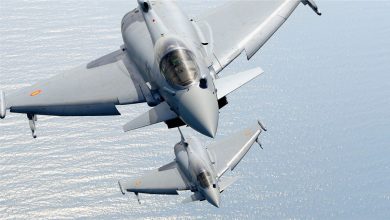 An aerial shot from above of two grey Eurofighters that will carry meteor missile.