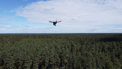A drone surveys a dense forest under a partly cloudy sky, showcasing how drones can assist in radioactive recovery during daylight hours.