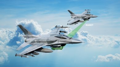 Two F-16 fighter jets flying in formation above the clouds, connected via a highlighted MANET data link for networked targeting and situational awareness.