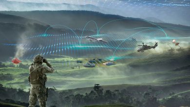 Rheinmetall digital combat system concept showing a soldier observing an integrated battlefield network with synchronized tanks, helicopters, and drones for advanced air defense.