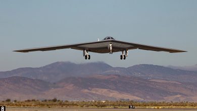 A B-21 Raider test aircraft takes off