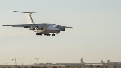 An Ilyushin Il-76 prepares to land at Ali Al Salem Air Base, Kuwait, March 11, 2019. The U.S. Air Forces Central Command’s Air Mobility Division and Airlift Control Team orchestrate the utilization of commercial international heavyweight air tenders to move theater cargo providing the USCENTCOM theater an important airlift capability for cargo that cannot be load planned on military aircraft within the next 72 hours. This is the first time in more than two years the capability has been used at ASAB. (U.S. Air Force Photo/Tech. Sgt. Robert Cloys)