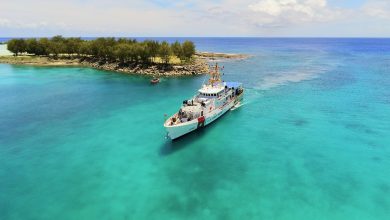 The USCGC Oliver Henry (WPC 1140) departs Rota, Commonwealth of the Northern Mariana Islands on June 9, 2025. The crew conducted a 22-day local patrol and training evaluation, reinforcing maritime security, upholding federal laws, and fostering community partnerships in the U.S. Exclusive Economic Zone around Guam and the Commonwealth of the Northern Mariana Islands. (U.S. Coast Guard photo by Petty Officer 2nd Class Jackson Collins)