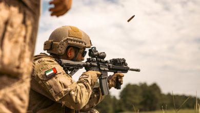 A United Arab Emirates soldier with the Al Forsan Brigade, Presidential Guard fires a CAR 816/Sultan during a Unit Enhancement Training 24-2 event on Marine Corps Base Camp Lejeune, North Carolina, July 18, 2024. The UET 24-2 consisted of a series of combined arms offensive and counter-insurgency operations at the platoon level, enhancing the proficiency, tactical readiness, and interoperability between the Marine Corps and foreign partners. (U.S. Marine Corps photo by Cpl. Antonino Mazzamuto) (This photo has been altered for security purposes.)