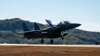 A Republic of Korea Air Force F-15K Slam Eagle lands at Kunsan Air Base, ROK, Nov. 3, 2025, during Freedom Flag 25-2. The U.S.-ROK alliance remains at a high level of readiness and continues to maintain a robust combined defense posture to protect the Republic of Korea against any threat or adversary. (U.S. Air Force photo by Staff Sgt. Tylir Meyer)