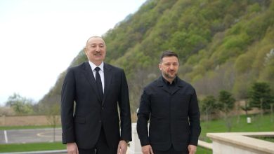 Ukrainian President Volodymyr Zelensky meets Azerbaijani President Ilham Aliyev during his first visit to Azerbaijan.