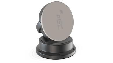 Front-facing product render of the Ovzon T8 mobile satellite terminal featuring a circular flat-panel antenna on a rotating base mount, positioned as the smallest terminal of its kind for military and expeditionary satellite communications