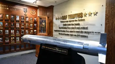 A model AGM-190A small cruise missile stands on display inside Air Force Special Operations Command headquarters at Hurlburt Field, Florida, May 14, 2026.