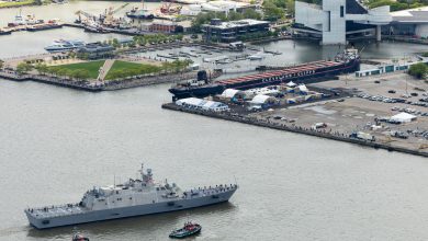 260509-N-FS061-1008 CLEVELAND (May 9, 2026) – The future USS Cleveland (LCS 31) arrives in Cleveland, Ohio, May 9, 2026, ahead of its commissioning ceremony. Cleveland is the fourth warship to be named after Ohio’s second largest city and is the 16th and final Freedom-variant littoral combat ship (LCS) to be built and commissioned in the U.S. Navy. (U.S. Navy photo by Mass Communication Specialist 3rd Class Jasmin L. Aquino)