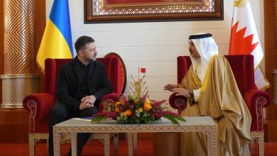 Ukrainian President Volodymyr Zelensky meets with the King of Bahrain, His Majesty Hamad bin Isa Al Khalifa, during a trip centered around talks on security cooperation.