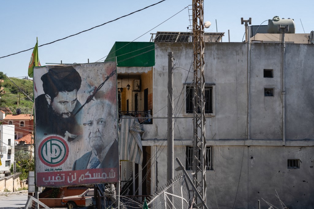 A poster of the Amal Movement depicting leader Nabih Berri is displayed in the town of Harouf in the Nabatieh district of southern Lebanon on May 14, 2026.