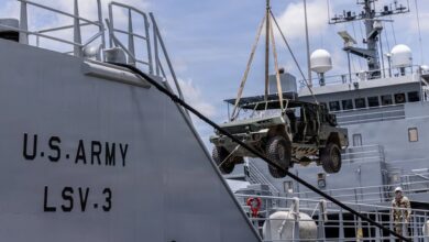 US Army personnel load an Infantry Squad Vehicle onto a Logistics Support Vessel during Salaknib 2026 in the Philippines. Photo: Sgt. Abreanna Goodrich/DVIDS