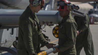 U.S. Marines assigned to Marine Aviation Weapons and Tactics Squadron 1 load a 2.75-inch rocket configured with Advanced Precision Kill Weapon System II, a hydra 70 rocket motor and M282 High Explosive Incendiary Multipurpose Penetrator Warhead onto an AH-1Z Viper during a APKWS loading and flight takeoff exercise in support of Weapons and Tactics Instructor course 2-18 at Marine Corps Air Station Yuma, Ariz., March 29. WTI is a seven-week training event hosted by MAWTS-1 cadre, which emphasizes operational integration of the six functions of Marine Corps aviation in support of a Marine Air Ground Task Force and provides standardized advanced tactical training and certification of unit instructor qualifications to support Marine Aviation Training and Readiness and assists in developing and employing aviation weapons and tactics. (U.S. Marine Corps photo by Lance Cpl. Ashley McLaughlin/Released)