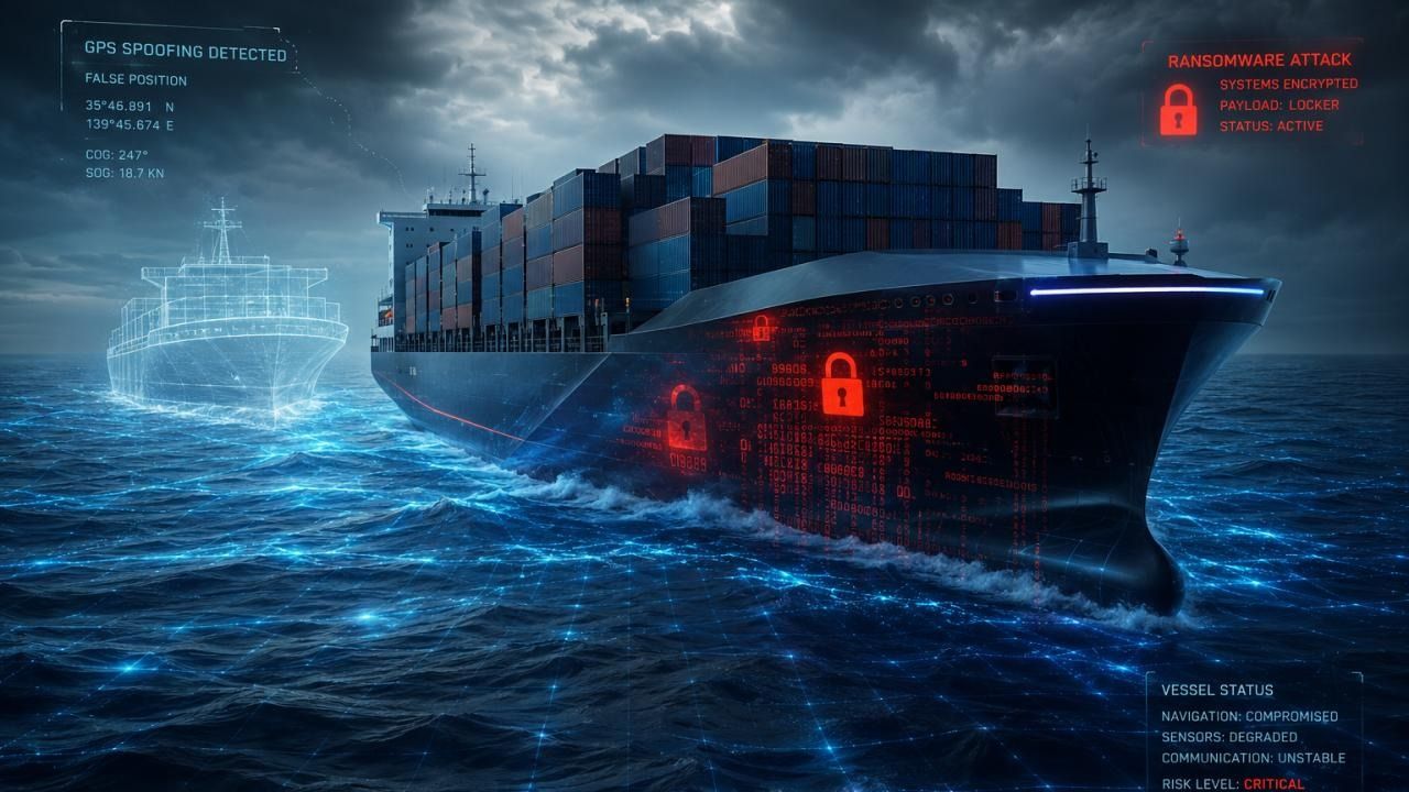 Illustration depicting a container ship under a simulated cyber attack, highlighting threats such as ransomware and GPS spoofing that cybersecurity firm Resecurity says are increasingly targeting the global maritime sector