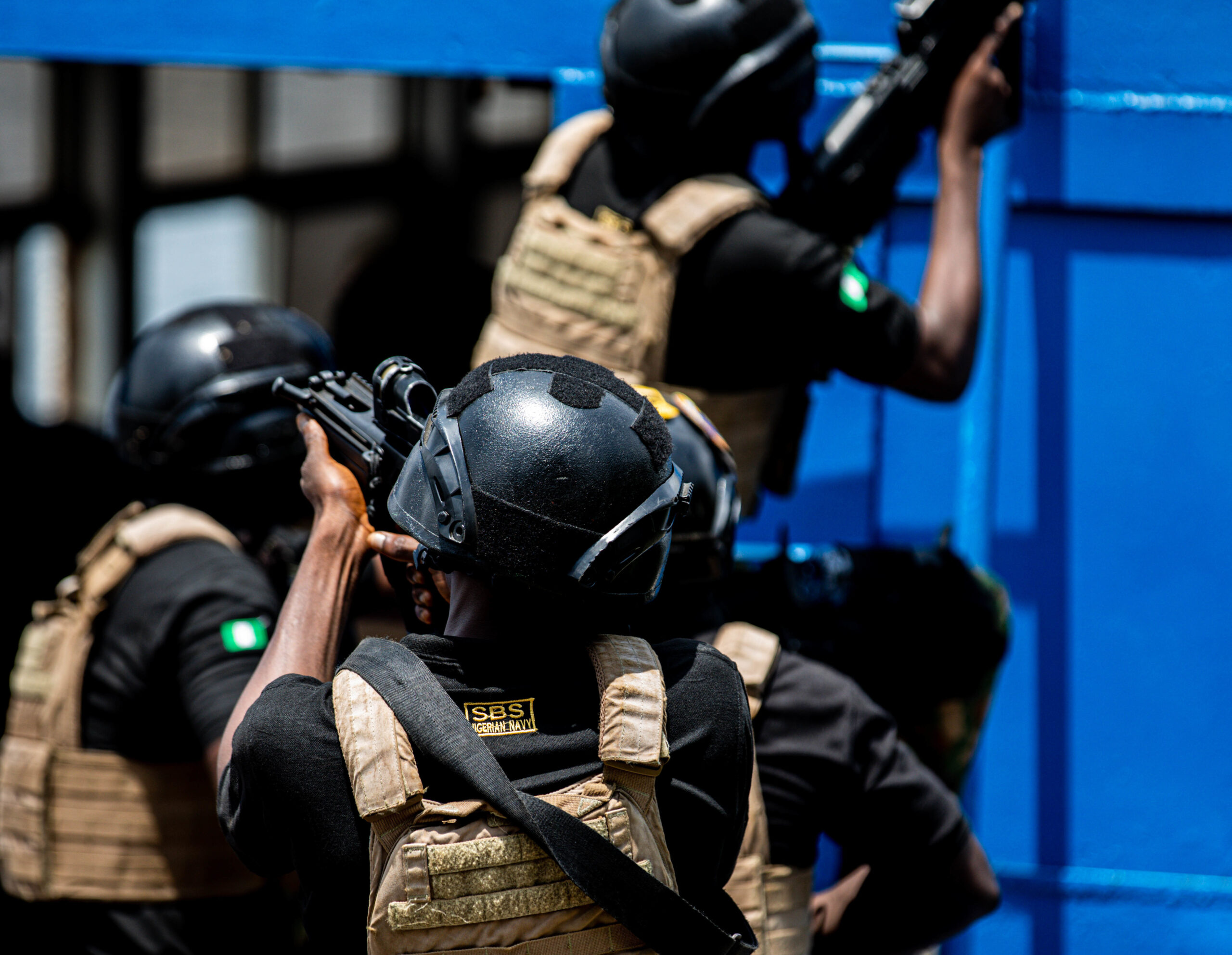 Nigerian Navy Special Boat Service soldiers conduct close quarters room clearing at Flintlock in Volta, Ghana, March 3, 2023. Flintlock is U.S. Africa Command’s premier and largest annual special operations exercise that strengthens key partner nations throughout Africa, in partnership with other international special operations forces. (U.S. Army photo by Spc. Mario Hernandez Lopez)