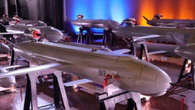 Long-range Peklo (Hell) missile drones are displayed in Kyiv, Ukraine, on Dec. 6, 2024, during the handover of the first batch to the Ukrainian military. Ukraine has increasingly relied on long-range drone strikes against targets in Russia and occupied Crimea.